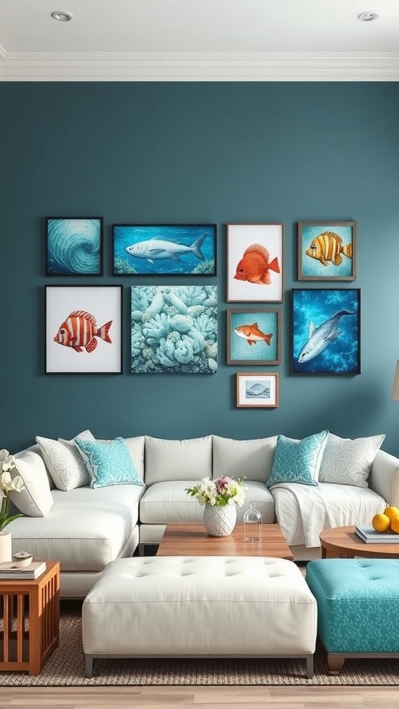A cozy living room featuring marine life artwork on the walls, showcasing various fish and coral designs.