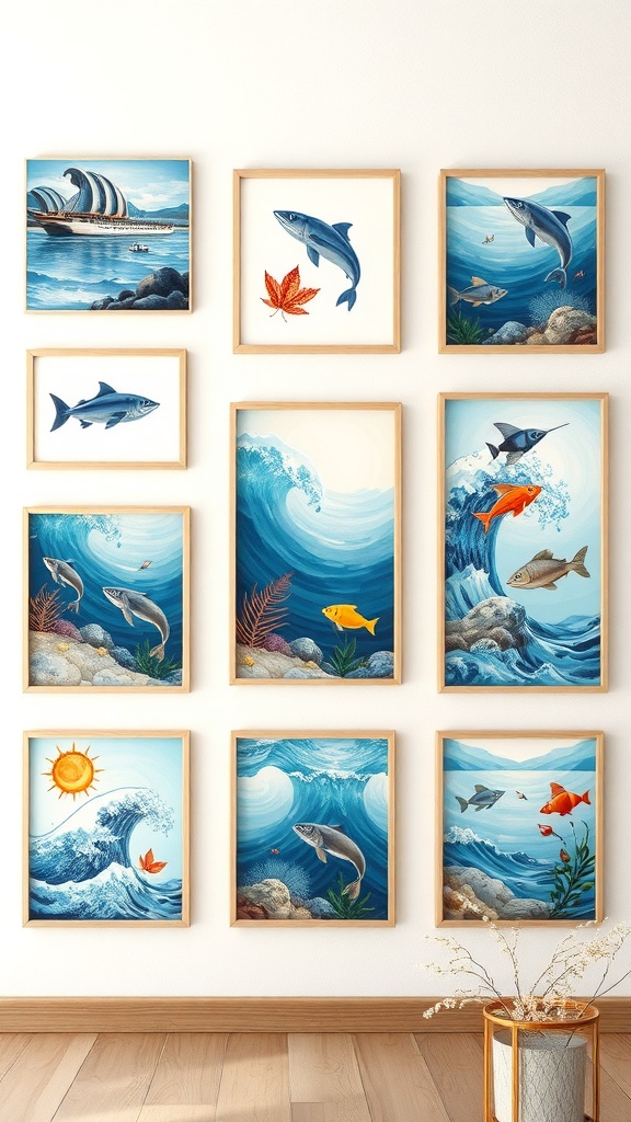 A collection of marine life artwork featuring fish, waves, and a sailboat in decorative frames.