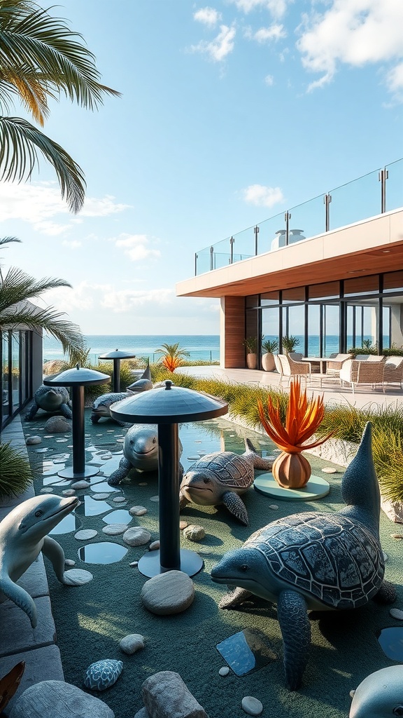 Outdoor area with marine life sculptures including turtles and dolphins, surrounded by plants and stones.