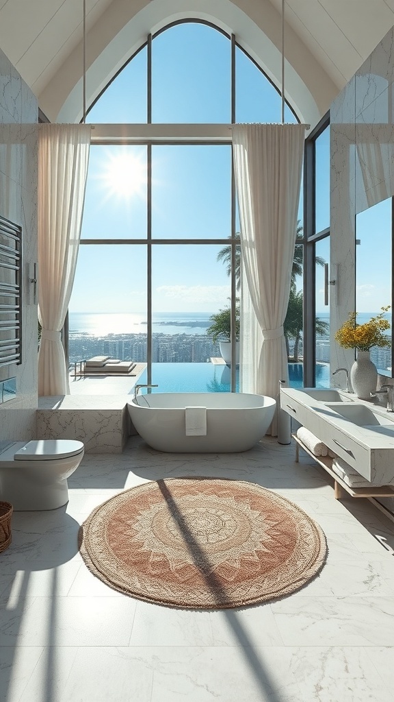 Luxuriöses Badezimmer mit Marmor- und Steinoberflächen und Blick auf die Landschaft