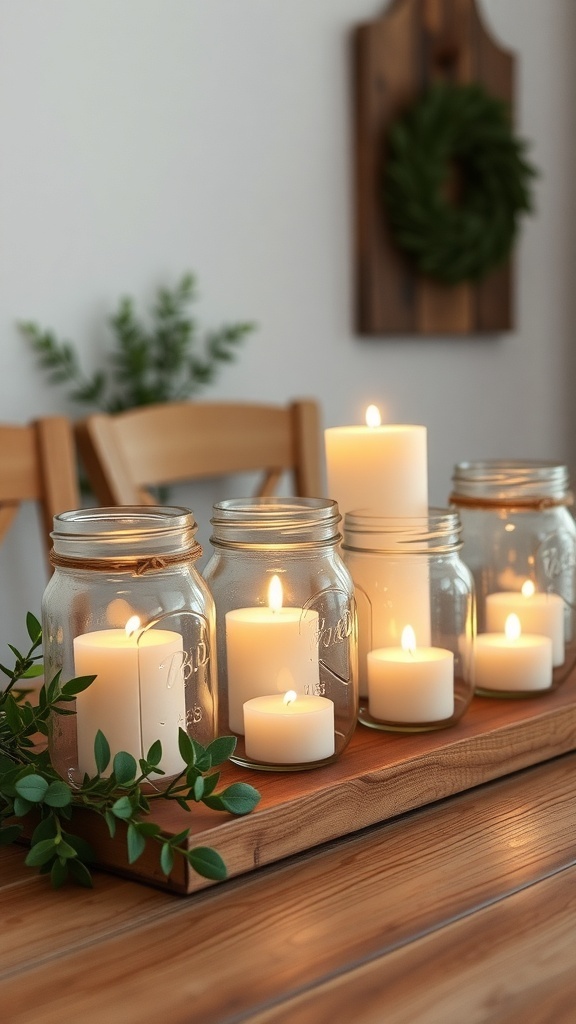 Mason jar candle holders with white candles on a wooden tray surrounded by greenery.