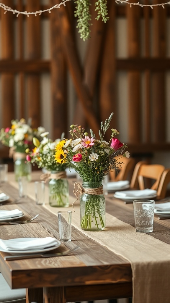 Mason jar centerpieces filled with flowers on a dining table.