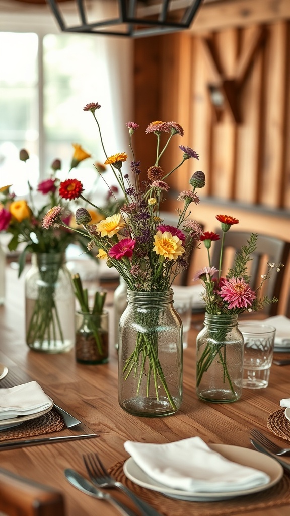 Mason jars filled with colorful flowers on a dining table.