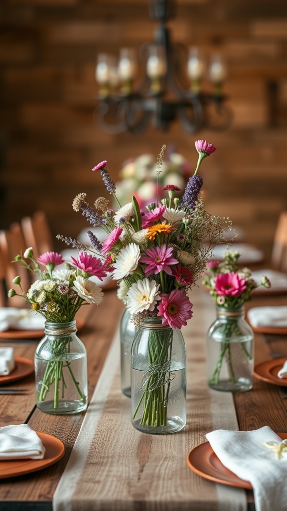 A table set with mason jar centerpieces filled with colorful flowers, showcasing a rustic decor style.