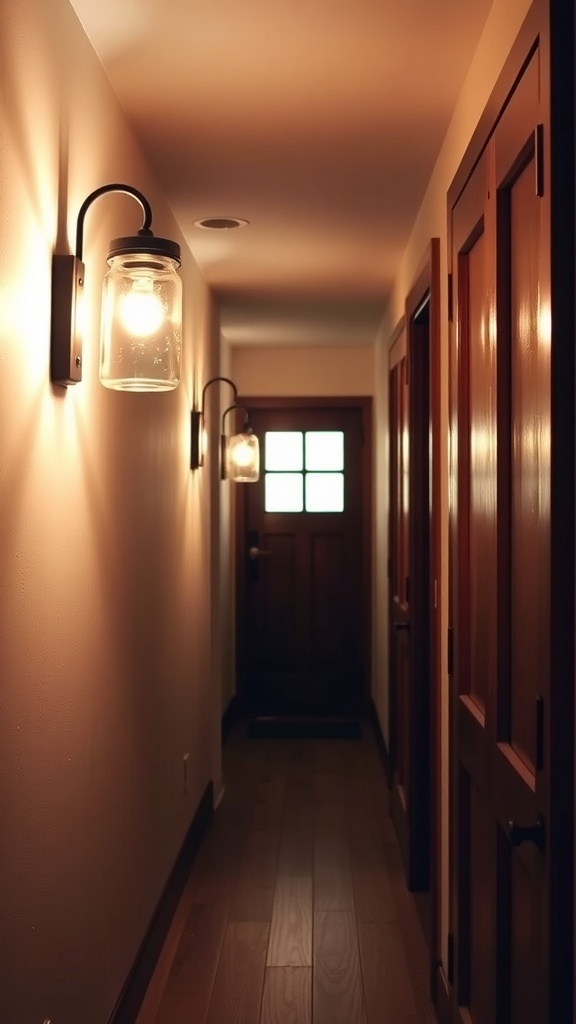 A hallway with mason jar wall sconces illuminating the space.