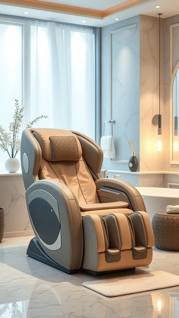 Luxuriöses Badezimmer mit Massagestuhl und Blick auf die Natur