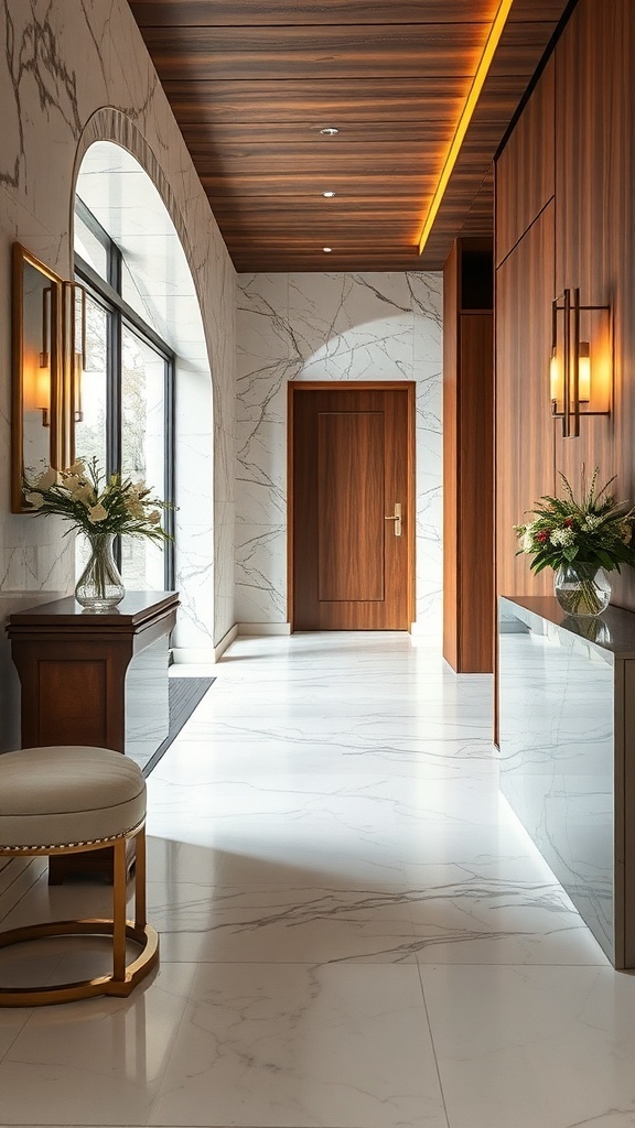 Eleganter Eingangsbereich mit Treppe, großen Fenstern und stilvollen Möbeln
