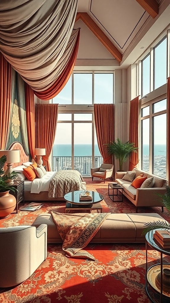 Luxuriöses Schlafzimmer mit großen Fenstern, warmen Farben und eleganten Möbeln