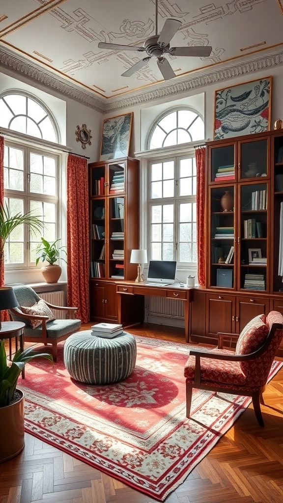 A beautifully decorated maximalist office with large windows, wooden furniture, and vibrant patterns.