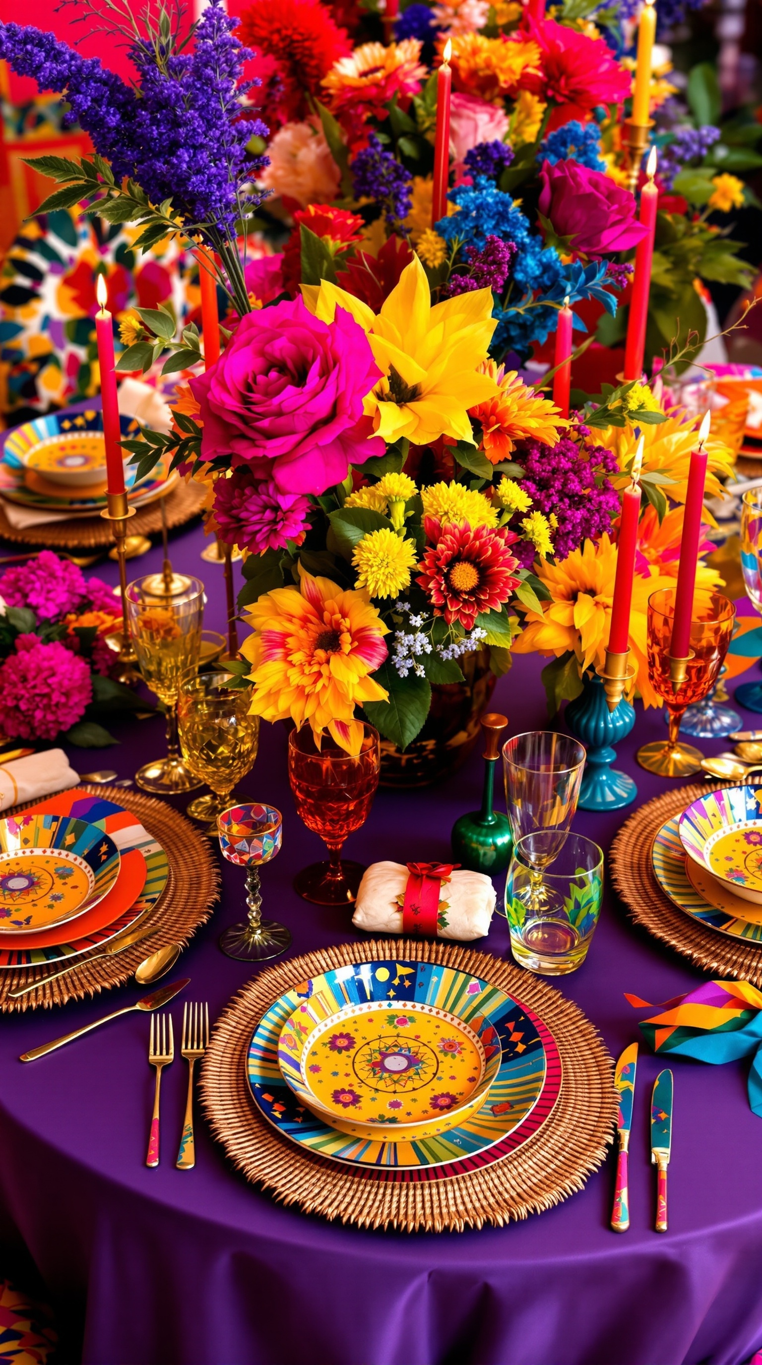 A beautifully arranged maximalist dining table with vibrant colors and floral decorations.