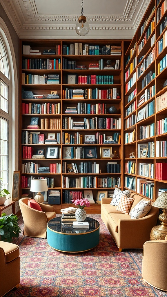 Maximalistisches Bücherregal mit bunten Büchern und gemütlicher Sitzecke