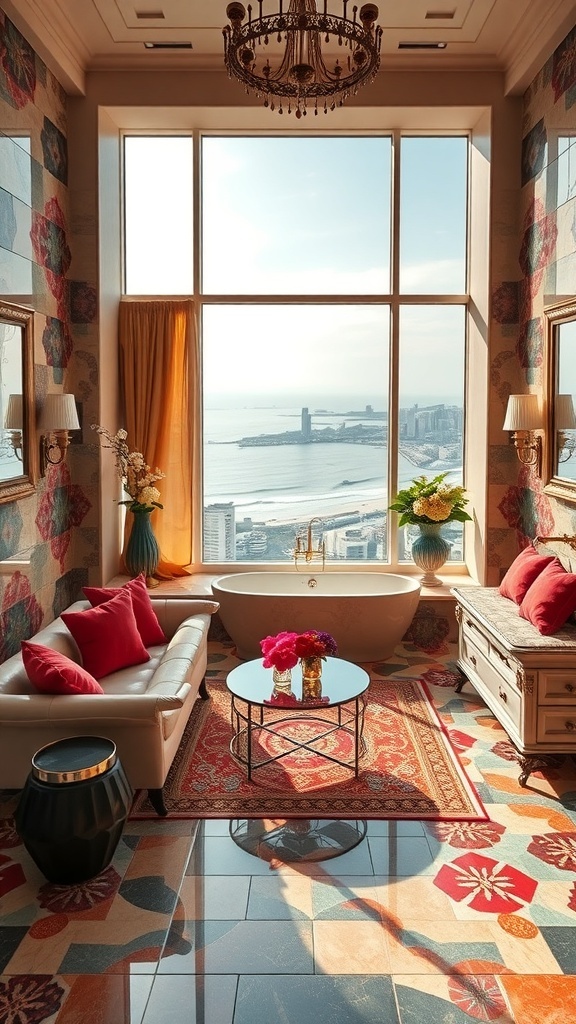 Maximalistisches Badezimmer mit Aussicht und stilvollen Möbeln