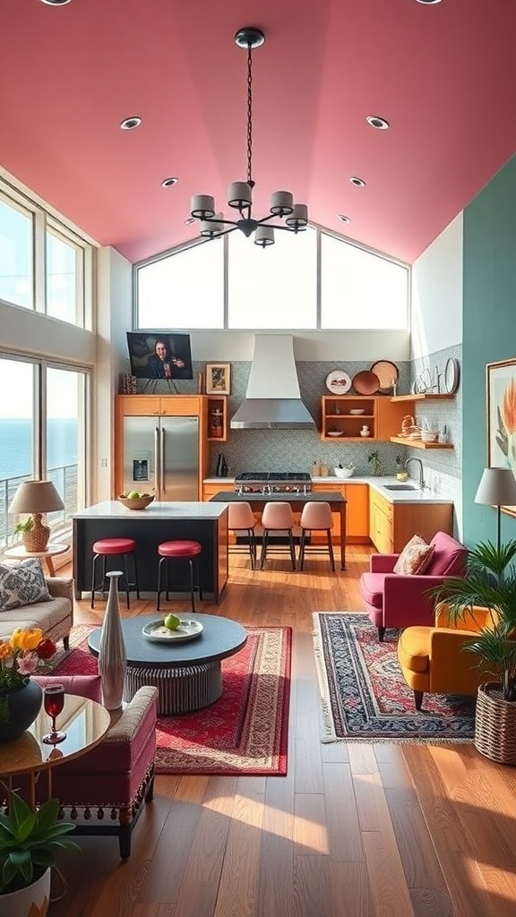 Maximalistische Küche mit pinker Decke, Holzfronten und modernen Möbeln
