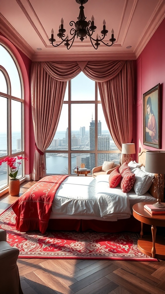 Maximalistisches Schlafzimmer mit rosa Wänden, rotem Bettzeug und großem Fensterblick auf die Stadt.