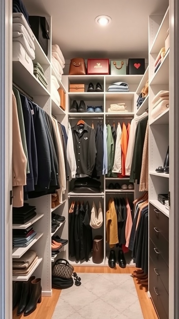 A well-organized small closet with shelves and hanging clothes.
