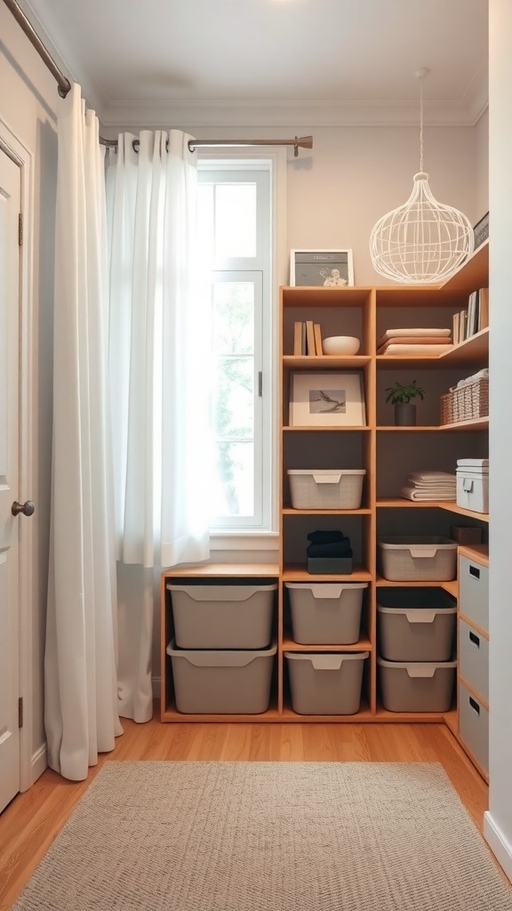 A cozy closet space with wooden shelves, storage bins, and a window with curtains.