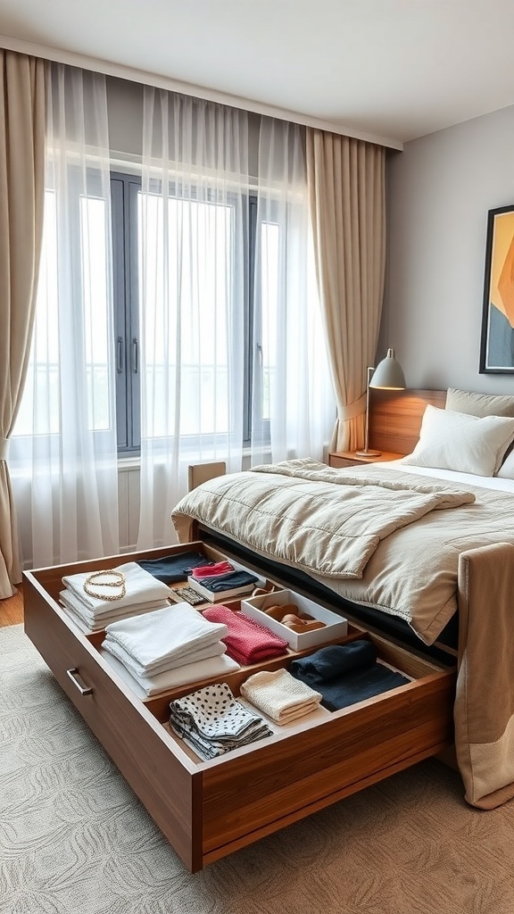 A well-organized under-bed drawer filled with neatly folded clothes and accessories in a cozy bedroom.