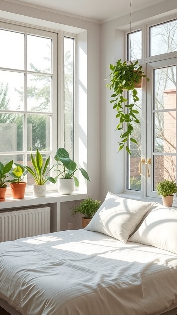 Bright and cozy bedroom with large windows, white curtains, and plants.