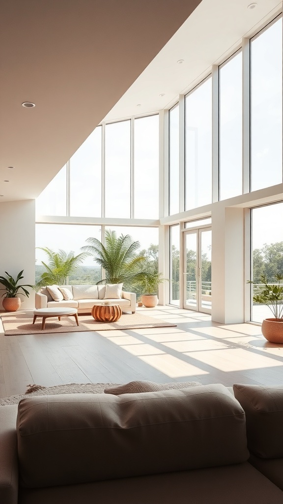 Bright and airy living room with large windows and plants.