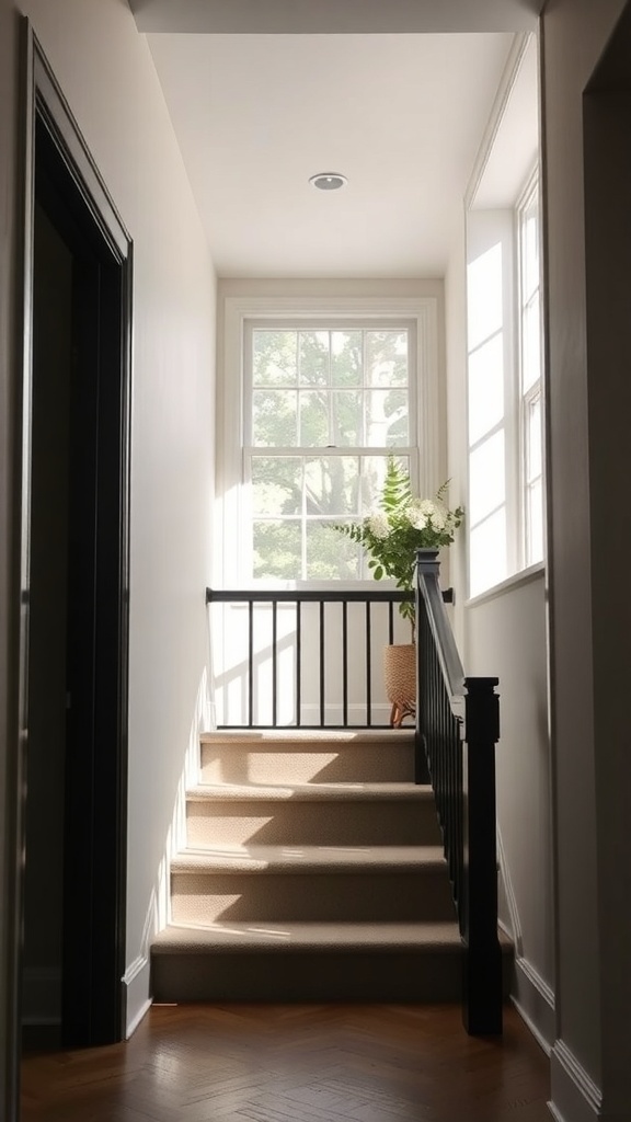 Bright hallway with a large window, black bannister, and a fern plant.
