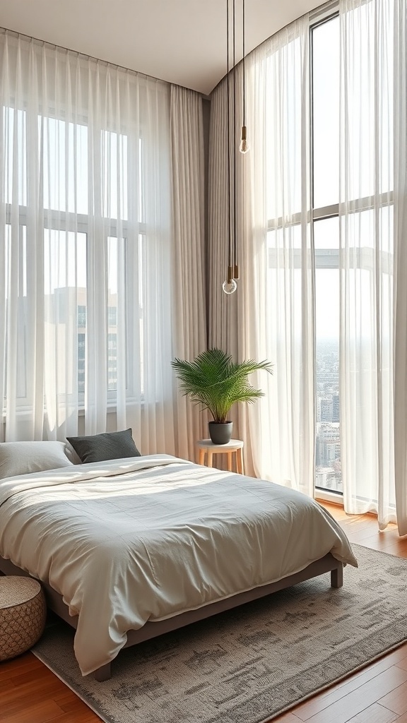 A cozy bedroom featuring sheer curtains that maximize natural light, a bed with soft linens, and a plant by the window.