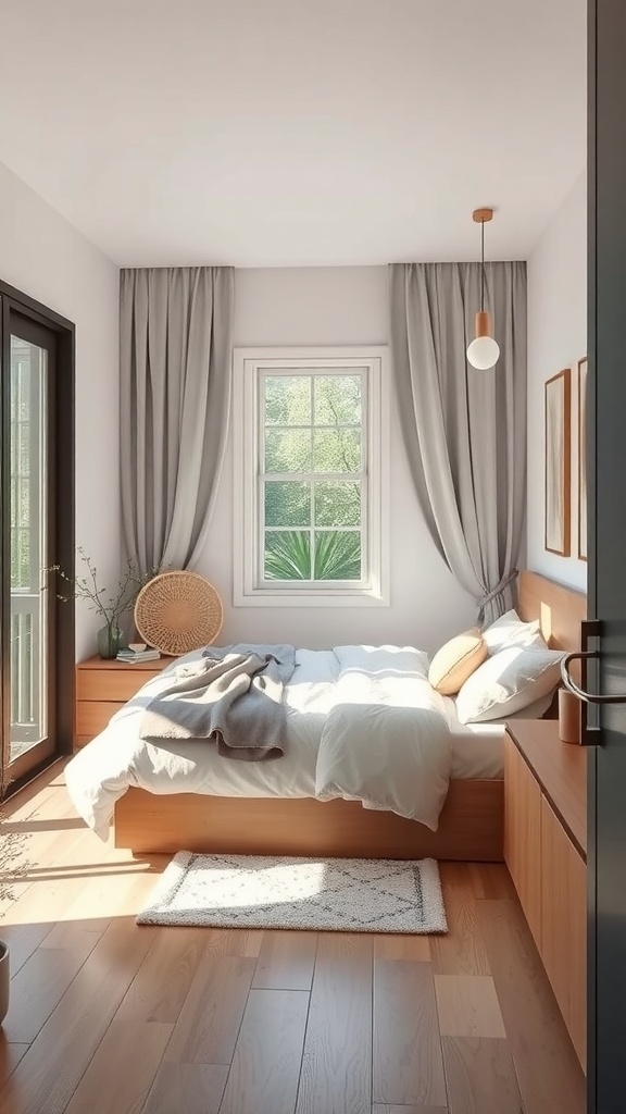 A cozy corner of a small bedroom with large windows, a light-colored couch, a chair, and indoor plants, showcasing natural light.