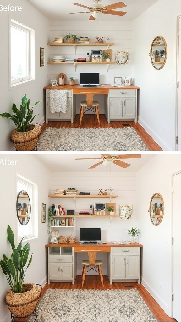 Before image of a small living room with a blue couch, a coffee table, and minimal decor.
