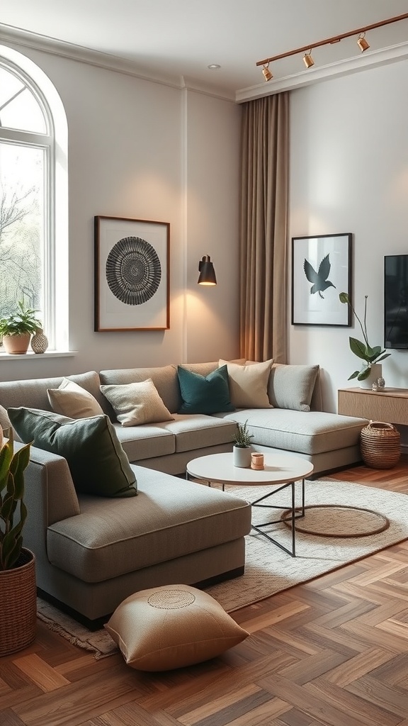 Cozy lounge area with a sunken couch, neutral tones, and natural light