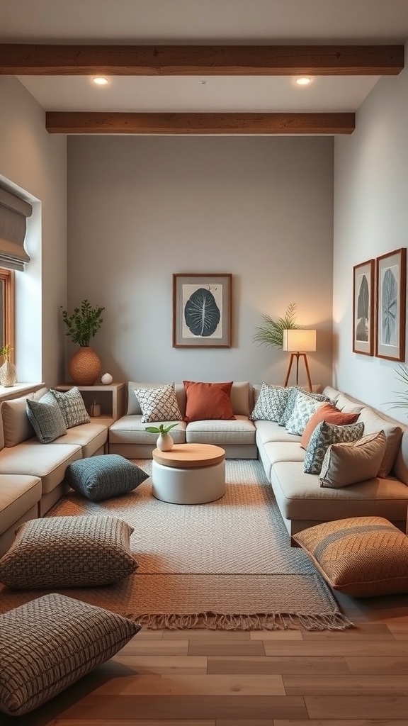 Cozy sunken lounge with built-in seating, cushions, and soft lighting.