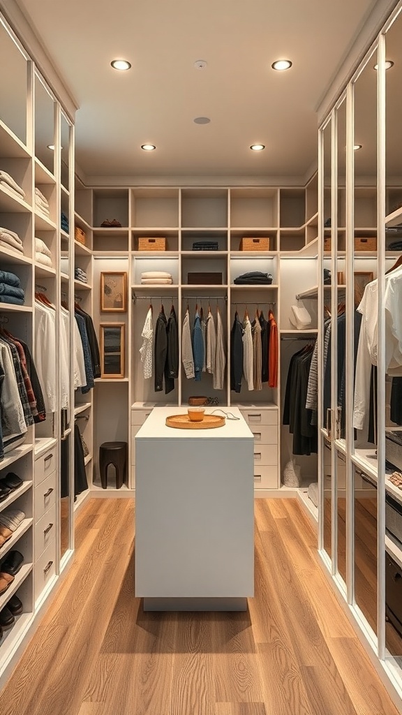 A well-organized walk-in closet featuring shelves, hanging clothes, and a central island.