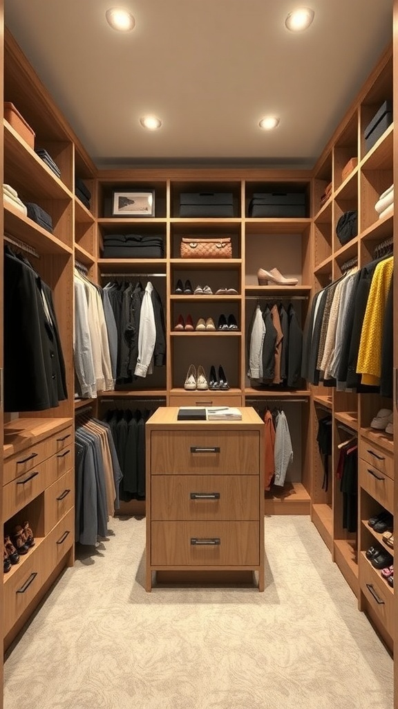 A well-organized walk-in closet with wooden shelves, a central island, and good lighting.
