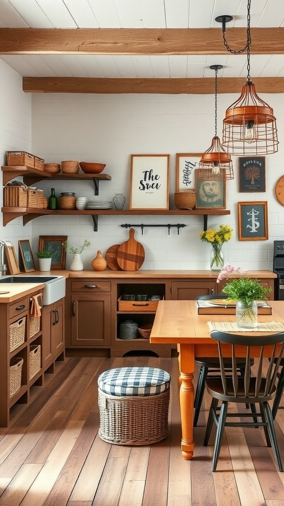 A rustic farmhouse kitchen with wooden cabinets, open shelves, and a central dining table.