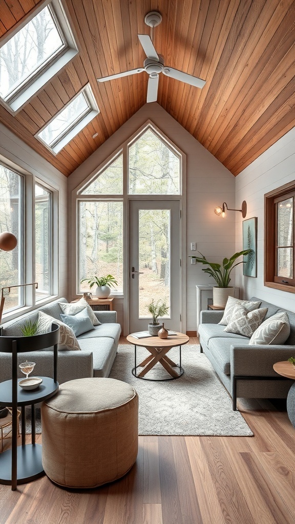 Helle und einladende Wohnfläche in einem Tiny House mit großen Fenstern und hohen Regalen voller Pflanzen.