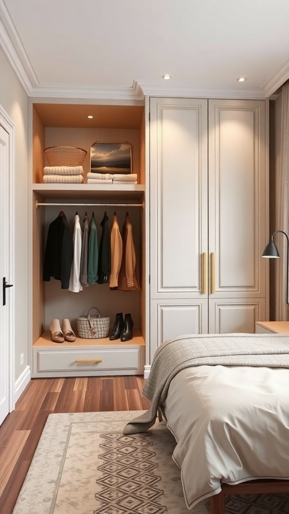 A cozy bedroom featuring a built-in wardrobe with open shelves and closed storage, maximizing vertical space.