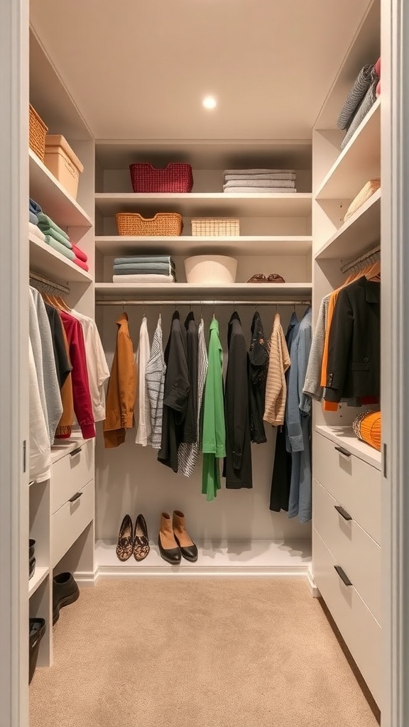 A well-organized walk-in closet with shelves and hanging clothes.