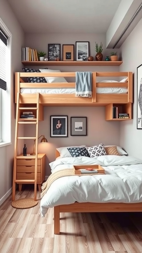 A cozy loft bed setup with a wooden frame, a comfortable bed below, and shelves above filled with books and decor.