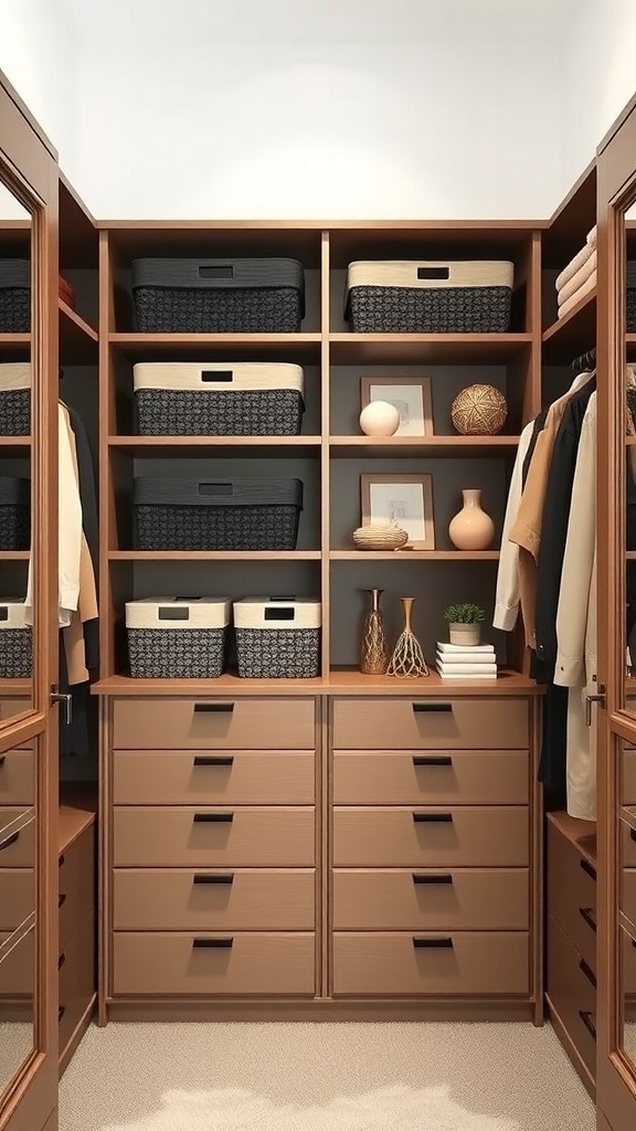 A stylish closet with vertical shelves, baskets, and drawers for organized storage.