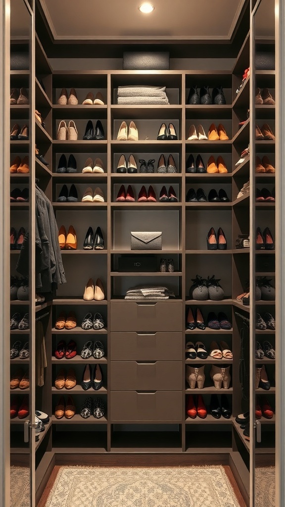 A small walk-in closet featuring vertical shelving for shoes and drawers for storage.