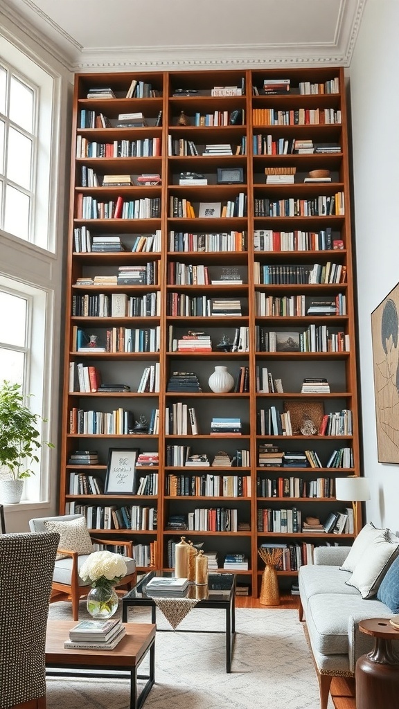A tall wooden bookcase filled with books and decorative items, showcasing a cozy living space.