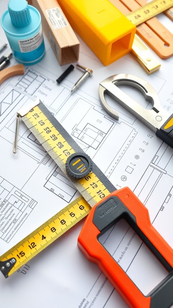 A collection of measuring tools including a tape measure, square, caliper, and level, arranged on a blueprint.