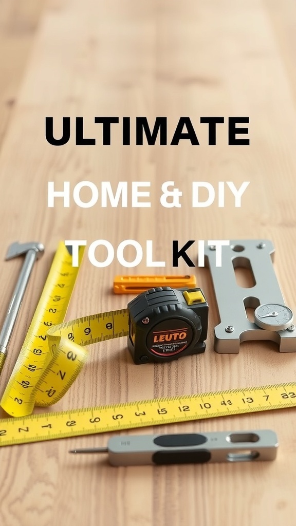 A collection of measuring tools including a tape measure, square, depth gauge, and screwdriver on a wooden surface.