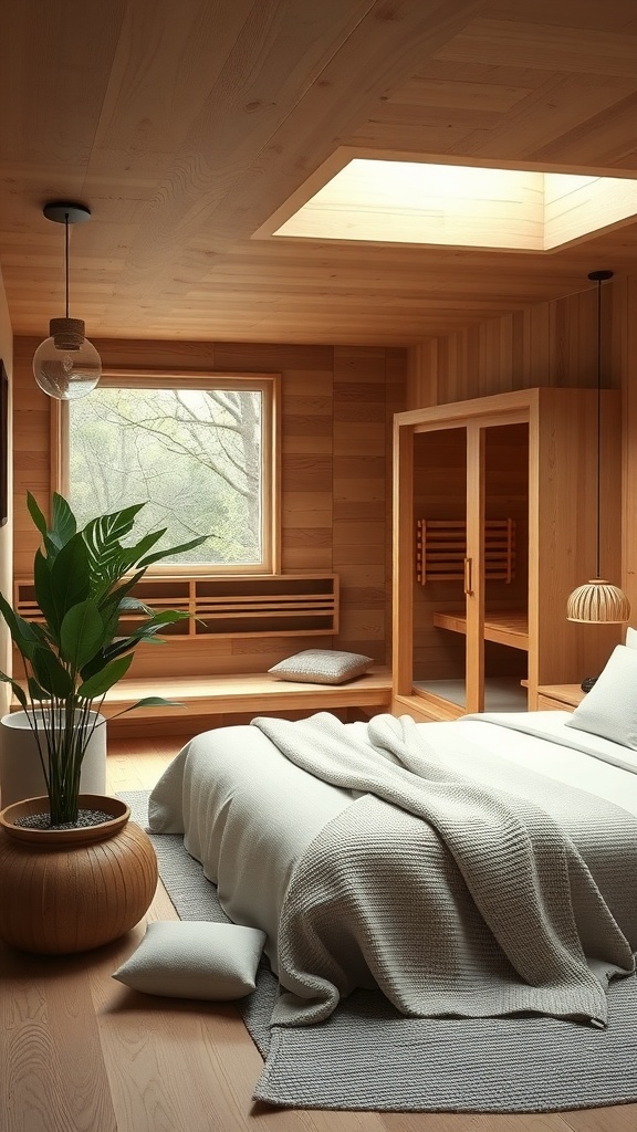 A cozy bedroom featuring a sauna, wooden walls, a large window, and a plant.