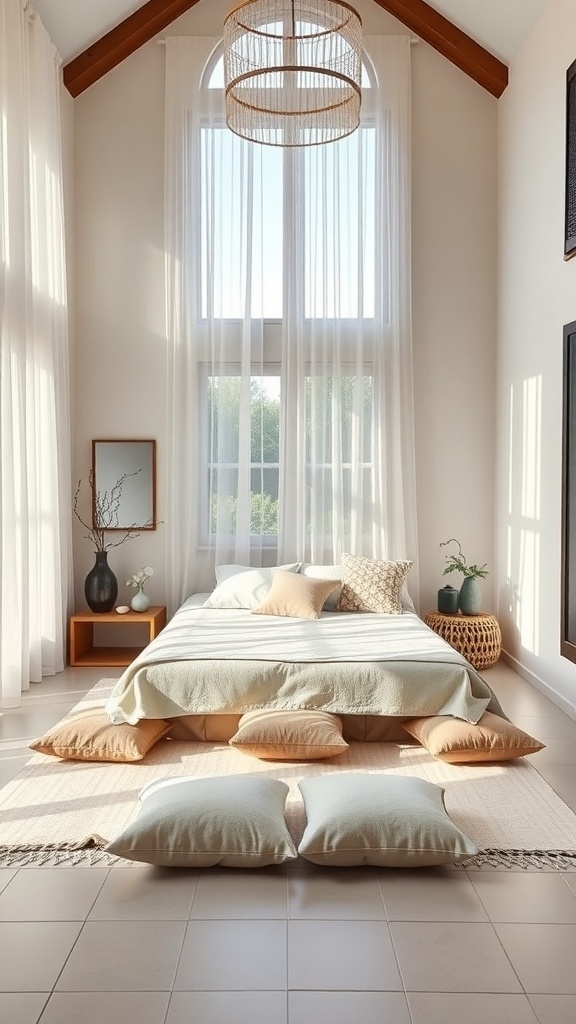 A serene meditation corner in a Japandi style bedroom with a low bed, cushions, and natural light.
