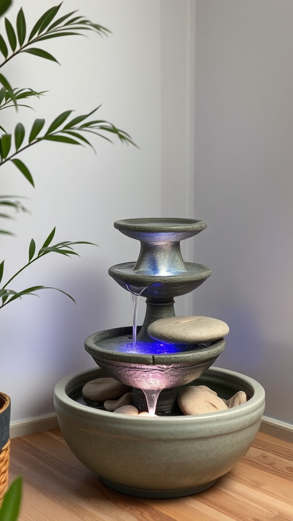 A meditation fountain with LED lights, featuring multiple tiers and natural stones, set in a cozy indoor corner.