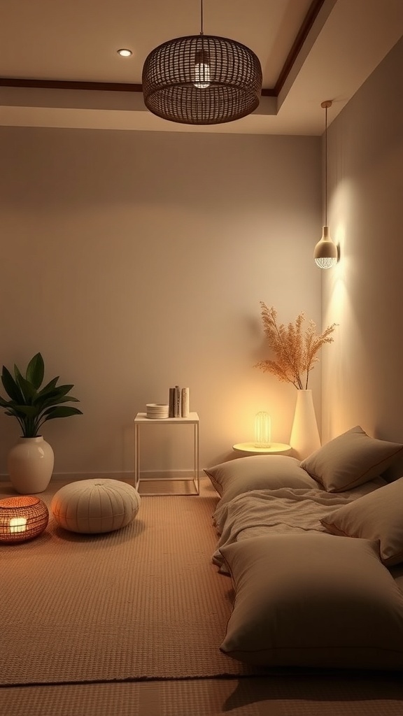 A cozy meditation nook featuring soft cushions, warm lighting, and a plant, creating a peaceful atmosphere.