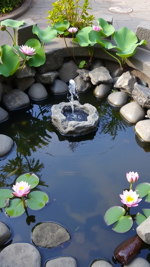 A tranquil meditation pond fountain surrounded by rocks and greenery, featuring water lilies and a gentle water flow.
