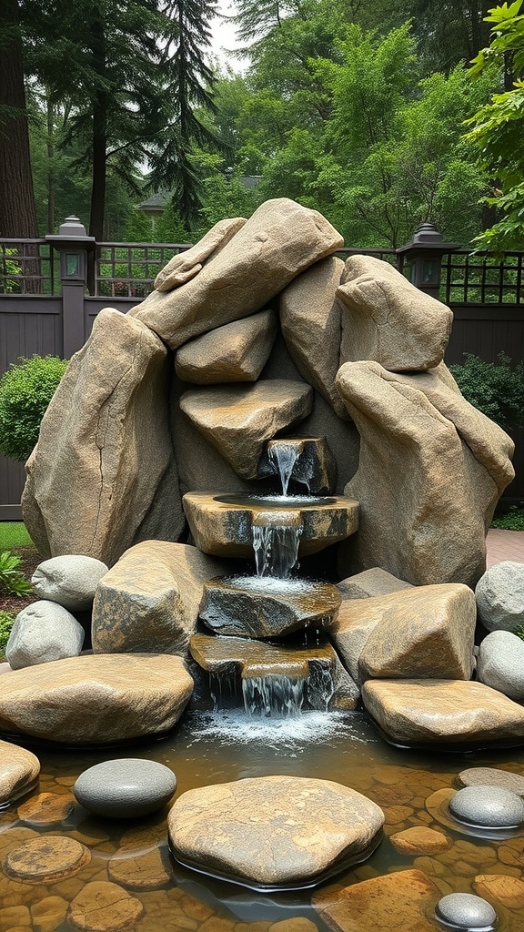 A natural stone fountain with cascading water surrounded by smooth stones and greenery.