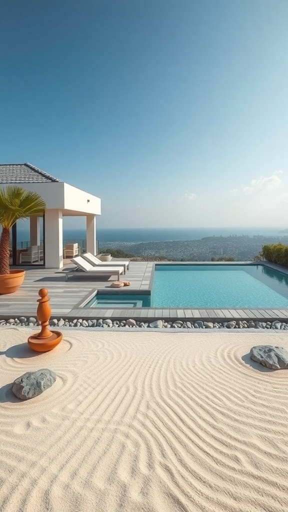 Meditationsbereich mit Zen-Garten, Pool und Aussicht