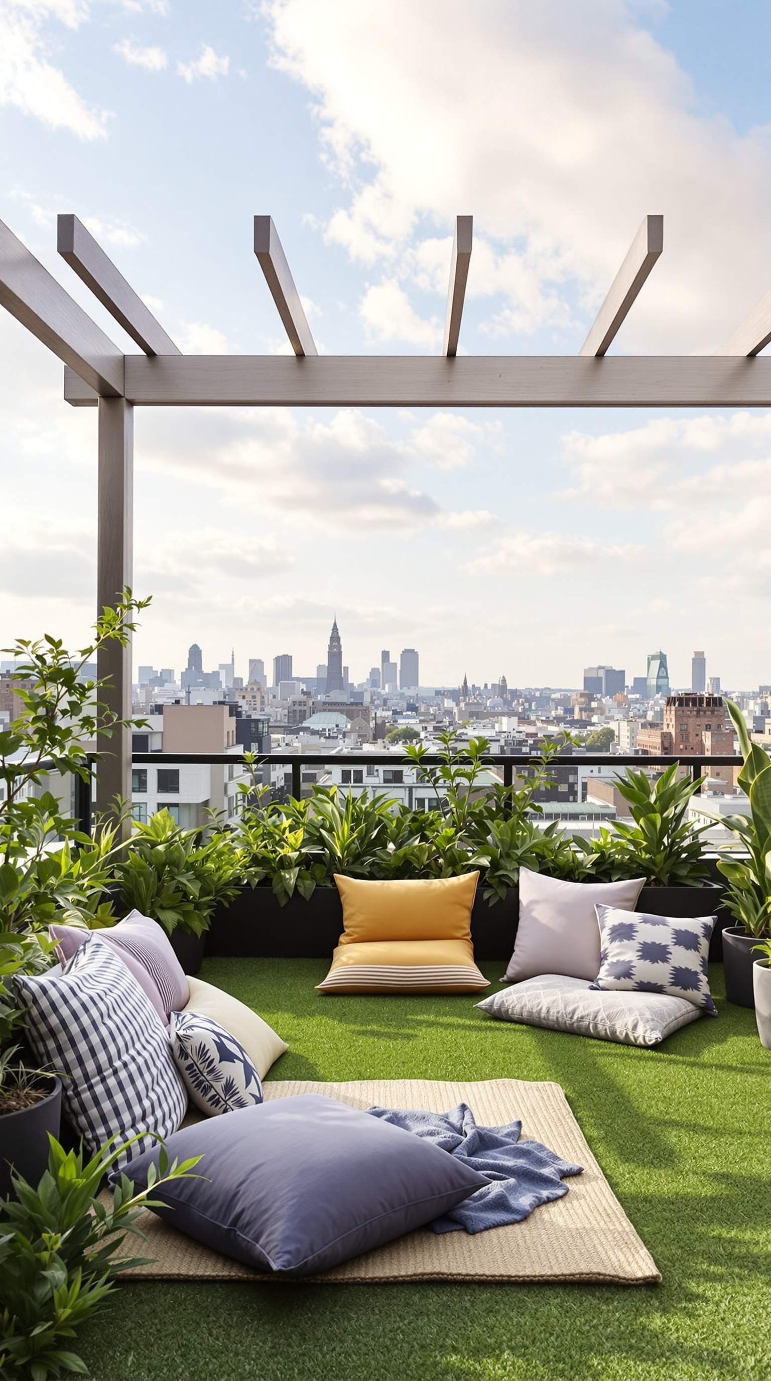 Meditationsbereich auf einem Dach mit Blick auf die Stadt, gemütliche Kissen und einen kleinen Pool