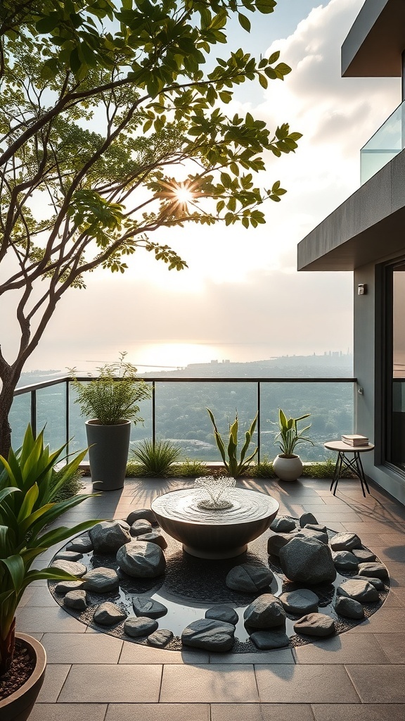 Meditationsbereich mit Wasserfeature in einem Sky Garden